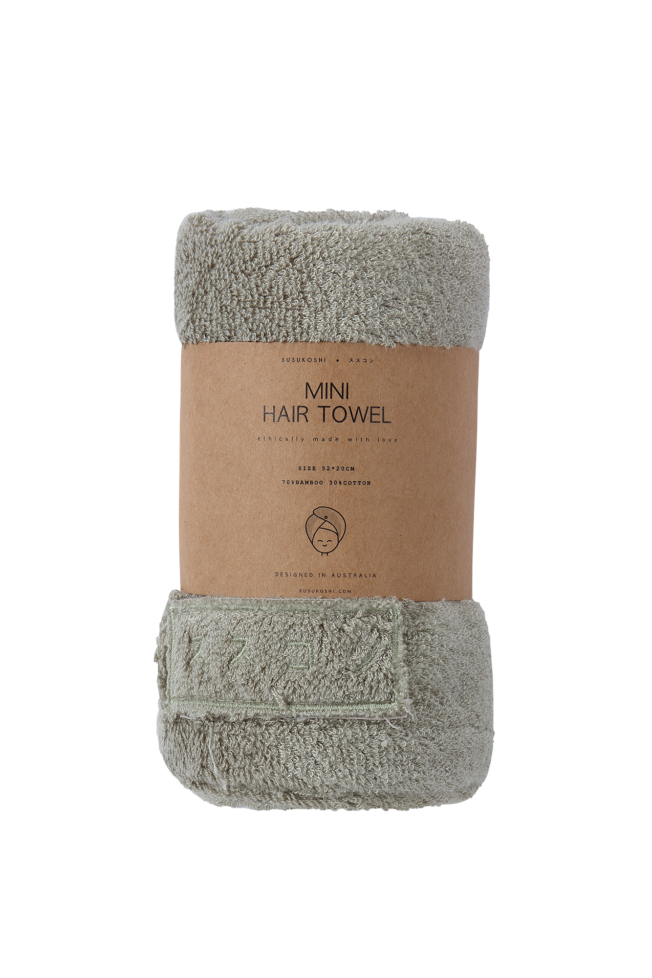 Sage hair towel in packaging