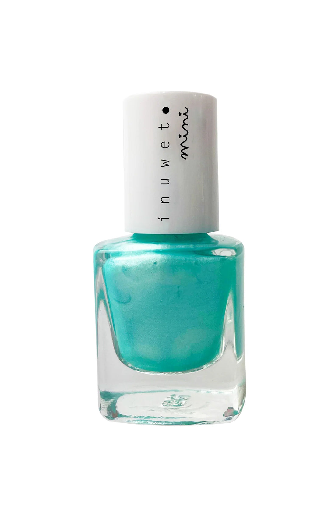 A bottle of INUWET Scented Water Based Nail Polish in Turquoise/Apple, featuring an iridescent turquoise color and a white cap. The cap has black text that reads "inuwet" and "mini." The clear bottle showcases the shimmery, non-toxic nail polish inside.