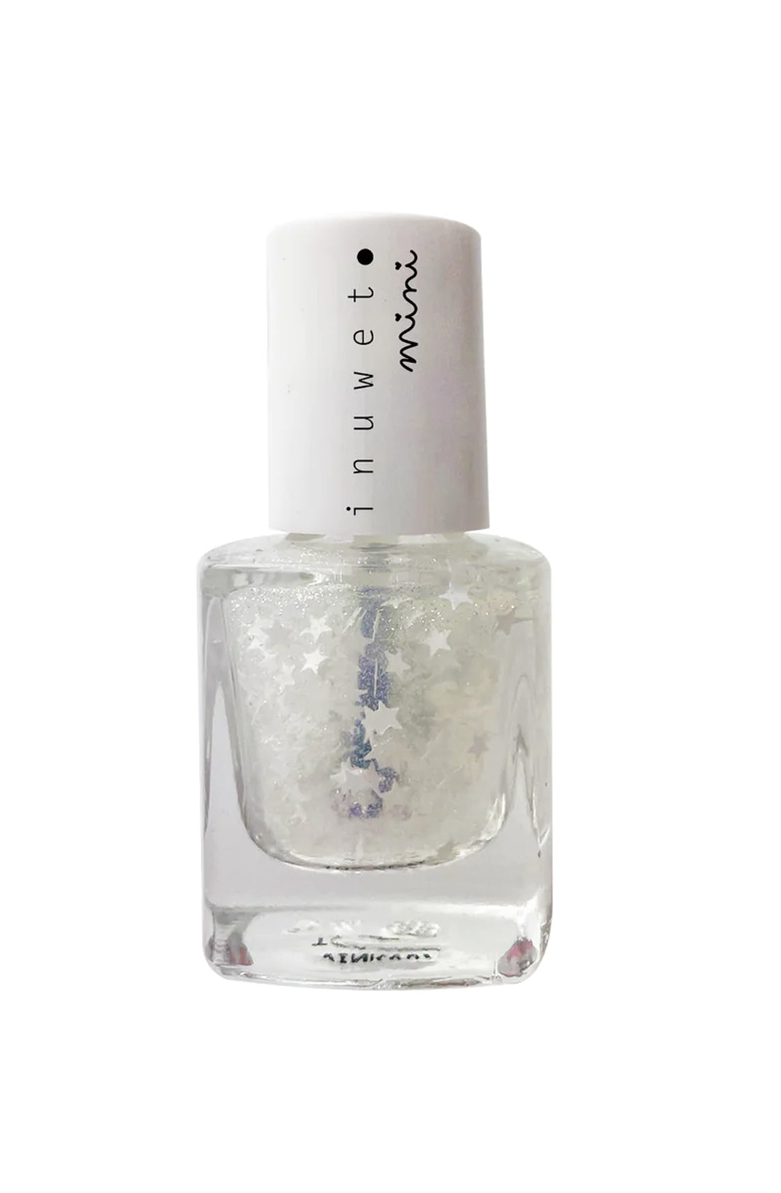 A bottle of INUWET Water Based Top Coat Stars, a transparent, non-toxic nail polish with silver star-shaped glitter particles. The bottle is capped with white and the label displays "inuwet mini" in black text.