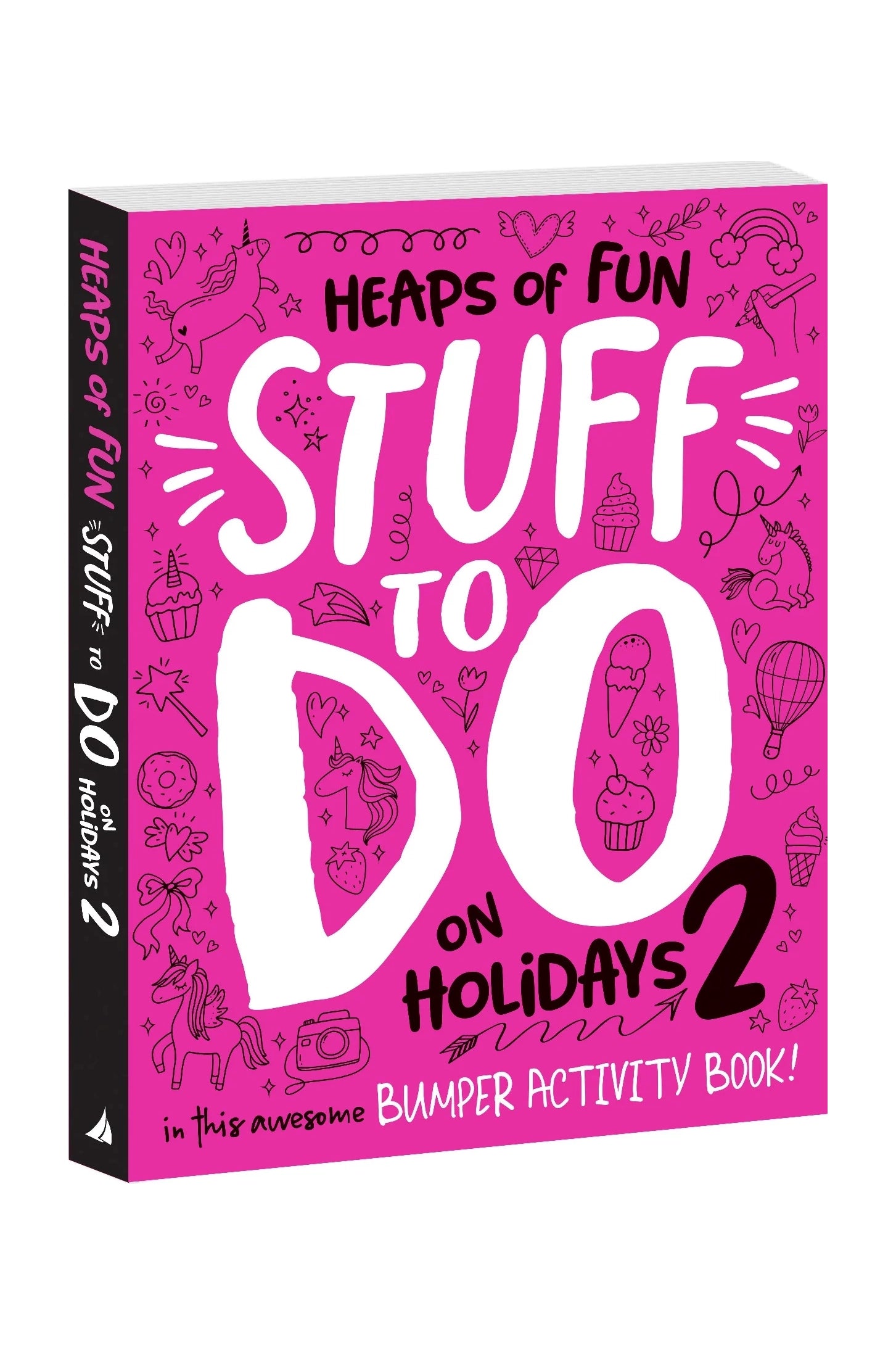 A lively pink cover for the 'Bumper Activity Book - Heaps of Fun Stuff to Do on Holidays' by BAY KIDS, adorned with doodles of an ice cream cone, unicorn, and camera. The bold white and black text suggests thrilling drawing prompts inside!