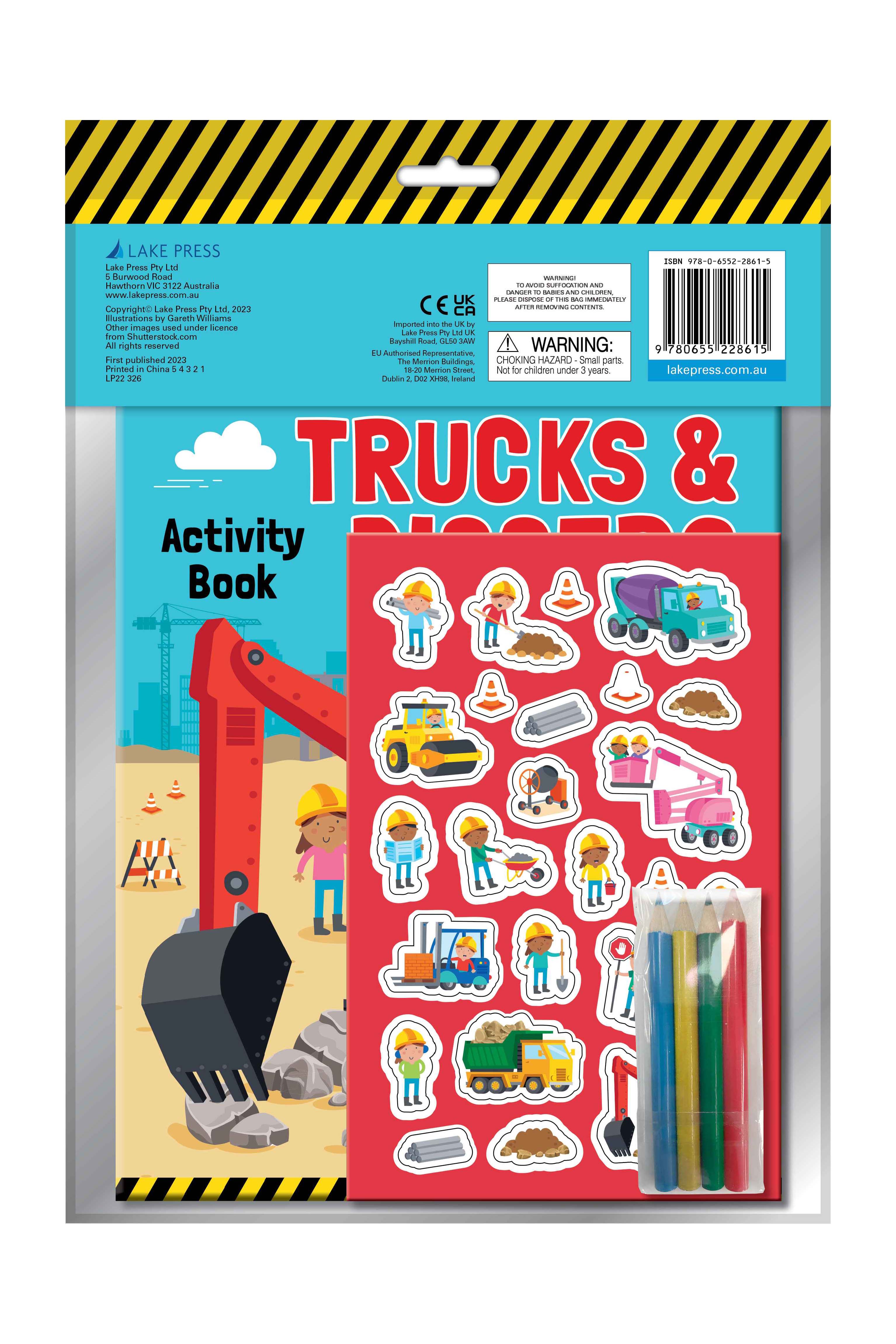 Presenting the "Trucks & Diggers Activity Fun Pack" by BAY KIDS, an ideal companion for travel escapades. This construction-themed set features vehicle and worker stickers along with four colored pencils. The cover displays a digger set against a vibrant construction site backdrop, offering endless entertainment on the move.