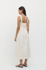 Rear view of woman wearing Axel Elastic Ruched Dress in creme.